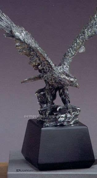 Large Antique Silver Tint Eagle On Rock Trophy / Upturned Wing (12"X13.5")
