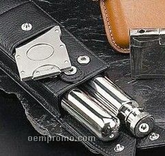Stainless Steel & Black Leather Cigar Case W/ Cigar Cutter & Flask