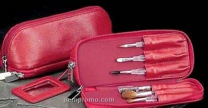 Make Up Set W/ 6 Brushes In Red Leather Case
