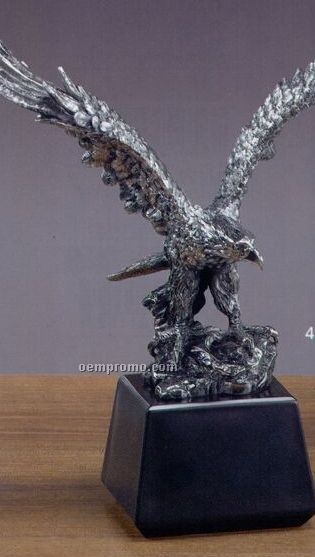 Medium Antique Silver Tint Eagle On Rock Trophy / Upturned Wing (10"X11.5")