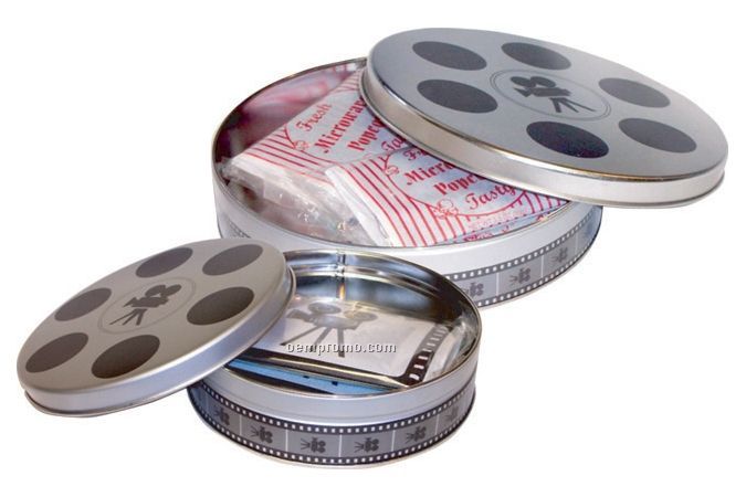 Small Stock Movie Reel Tin With 2 Custom Microwave Popcorn Bags