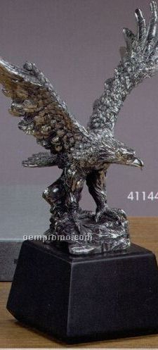 Small Antique Silver Tint Eagle On Rock Trophy / Upturned Wing (7.5"X9.5")