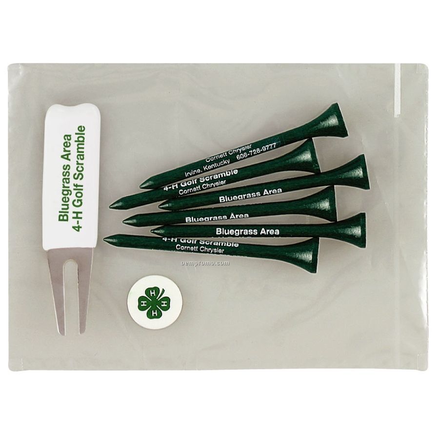 Golf Tee Pack - Six Tees / 1 Metal Divot Tool/ 1 Ball Marker (2 3/4" Tee)