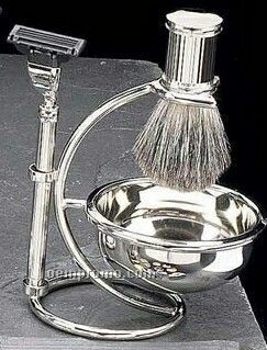 Mach 3 Razor, Badger Brush & Soap Dish On Curved Chrome Plated Stand