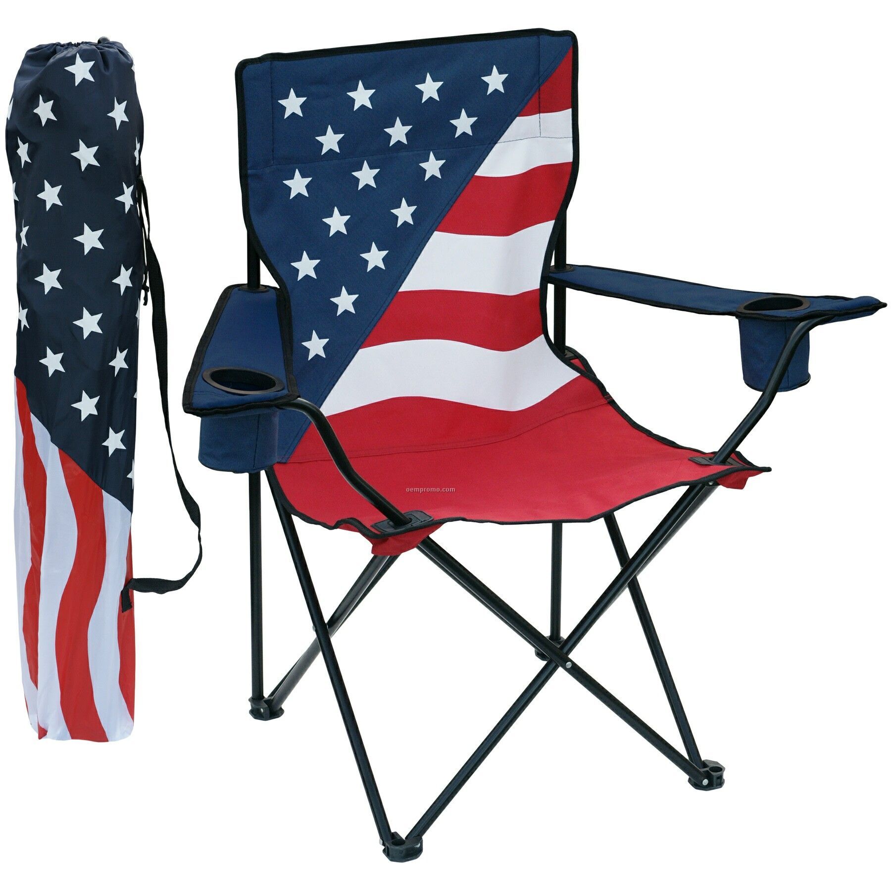 Patriotic Folding Chair W/Arm Rests, 2 Cup Holders And Matching Carry Bag.