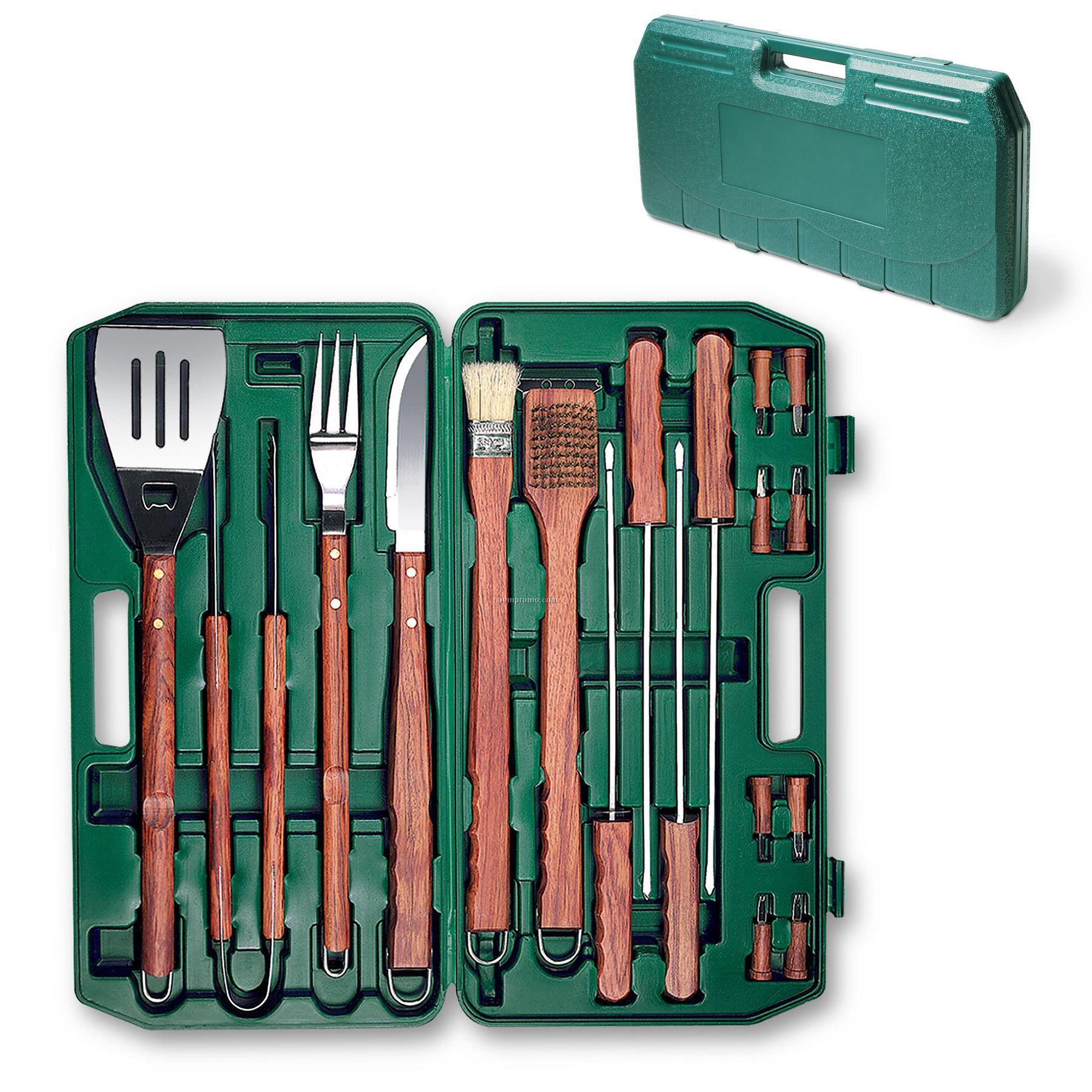 18 Piece Deluxe Bbq Utensil Set W/ Hanging Loops In Green Plastic Case