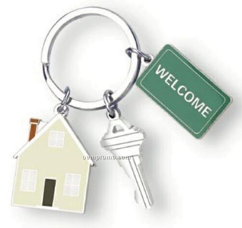 Home Sweet Home Split Ring Key Holder With House/ Key/ Welcome Mat Charm