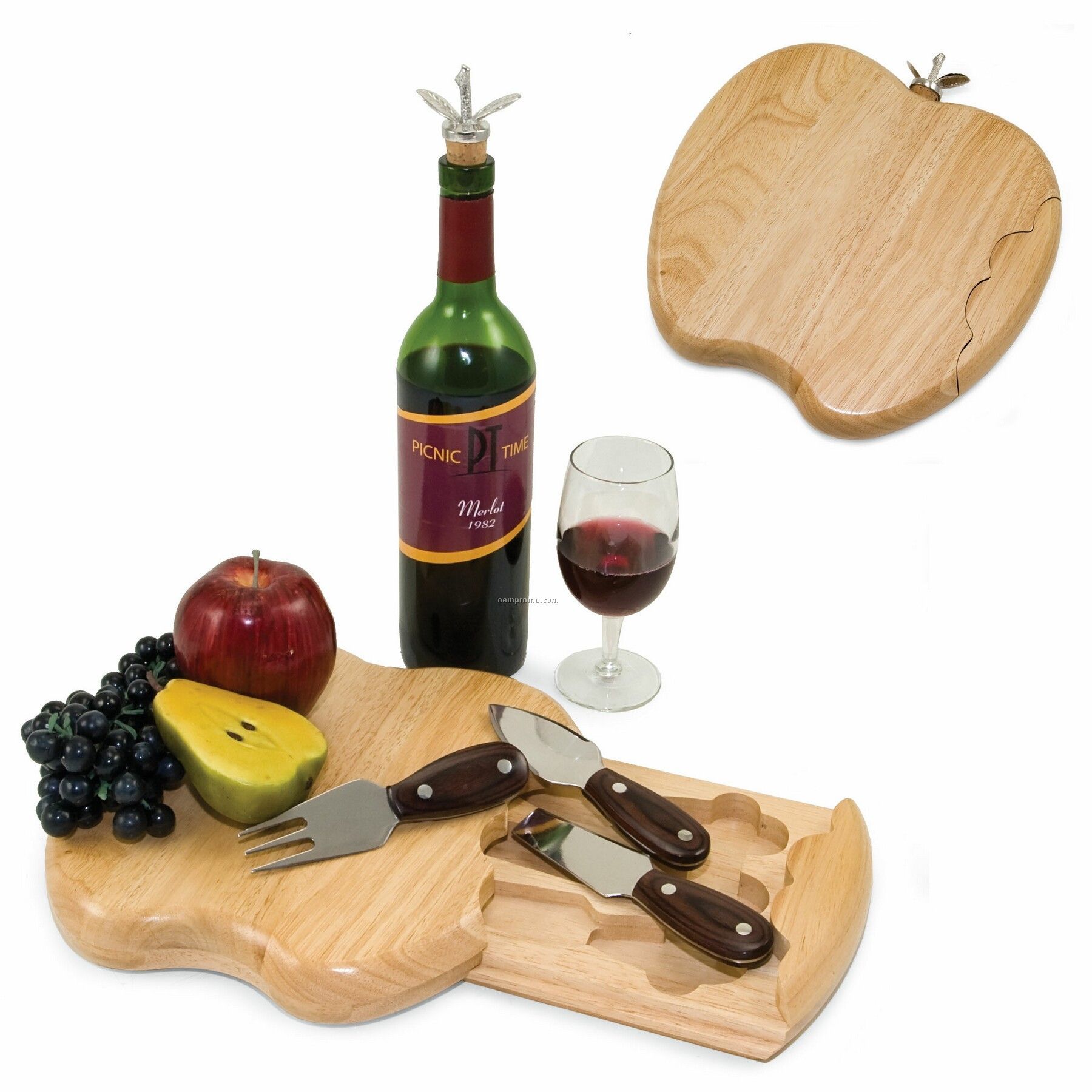Apple Shaped Rubber Wood Cutting Board W/ 3 Cheese Tools