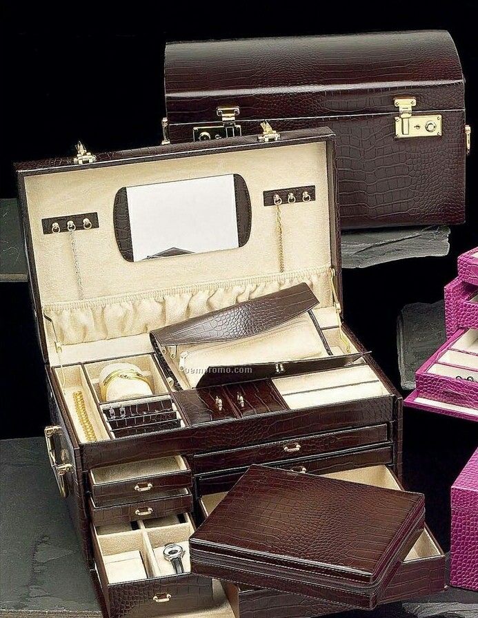 Multi Level Jewelry Chest W/ Travel Tray - Brown Leather