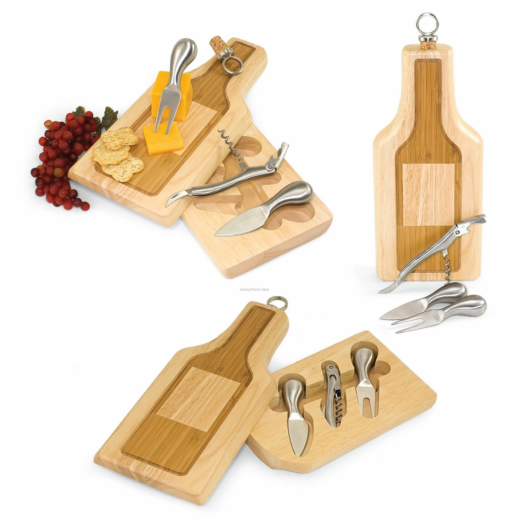 Silhouette Bottle Shaped Rubber Wood Cutting Board W/ 4 Wine & Cheese Tools
