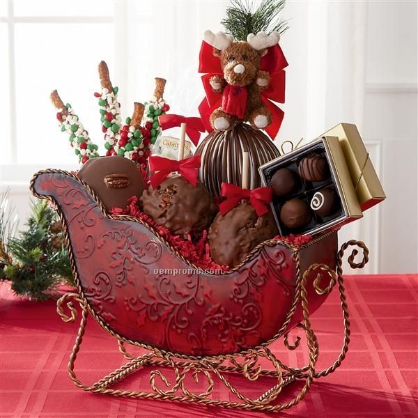 Holiday Gift Sleigh With Reindeer Ornament/ Apples/ Candy (14"X7"X15")