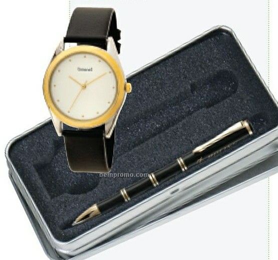 Unisex Two Tone Wrist Watch W/ Ballpoint Pen In Gift Box