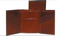 Brown Ostrich Calfskin Leather Tri Fold Wallet