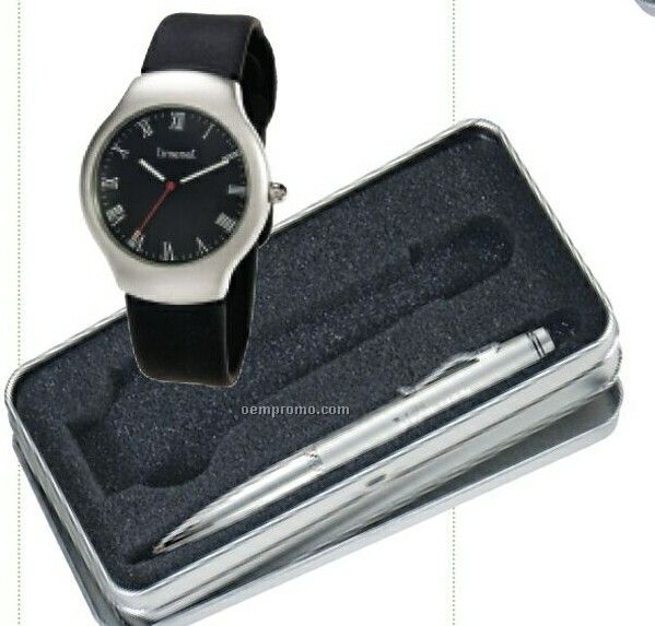 Matt Silver Wrist Watch W/ Ballpoint Pen In Silver Gift Box