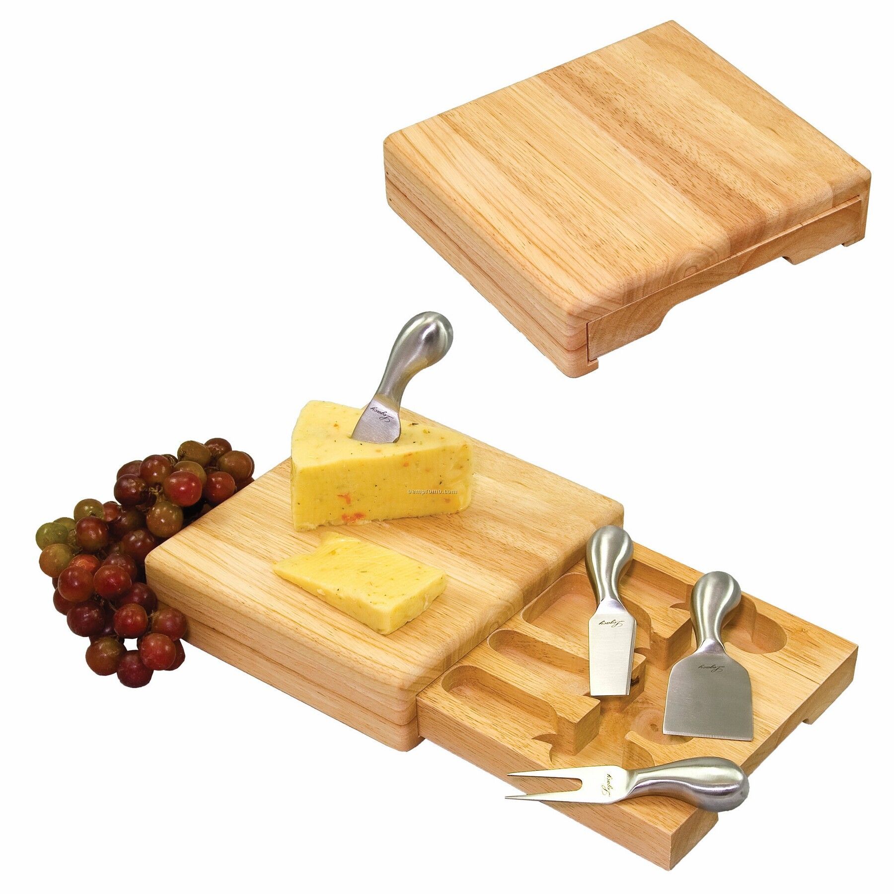 Festiva Square Rubber Wood Cutting Board W/ Drawer & 4 Cheese Tools