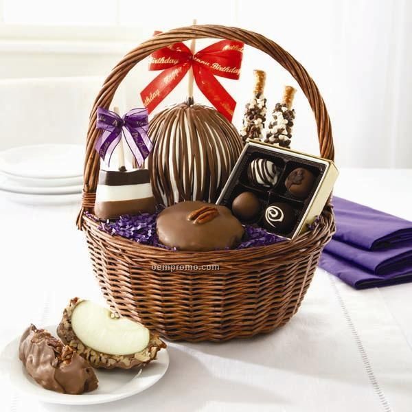 Happy Birthday Ribbon Basket - Apple/ Pretzels/ Candy (12.5"X12.5"X15")