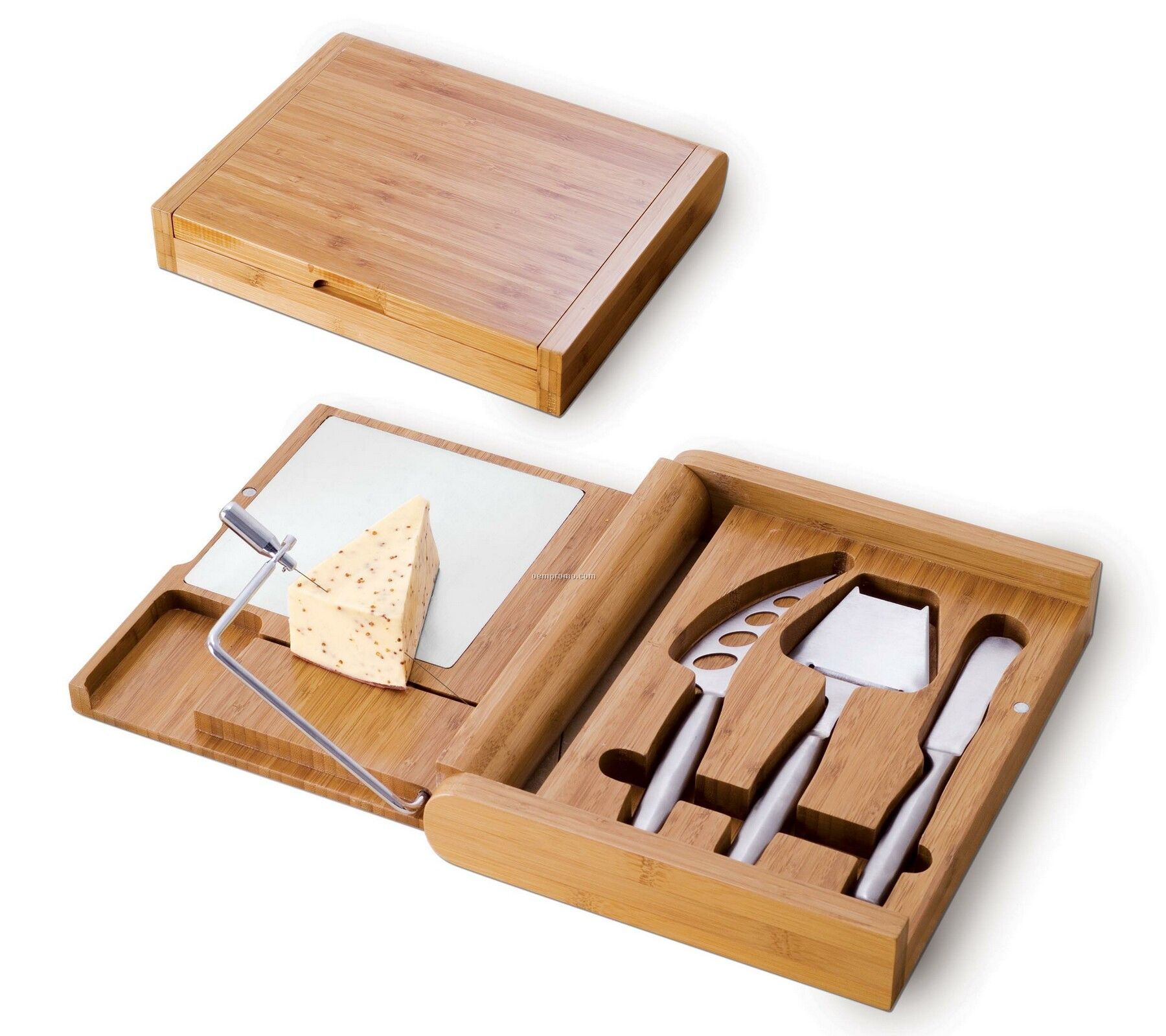 Soiree Bamboo Cutting Board W/ Cheese Wire & 3 Tools In Lidded Box