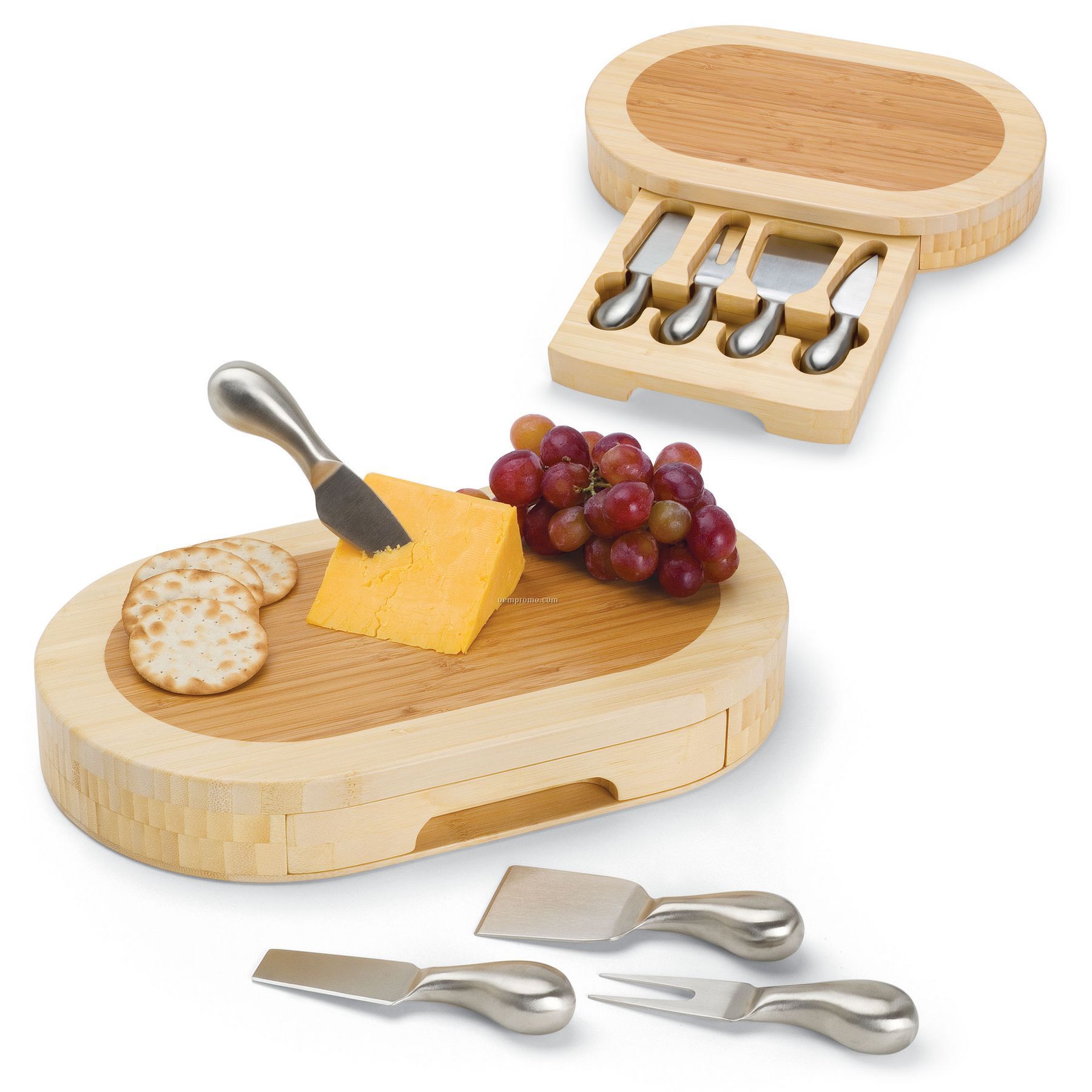 Formaggio Oval Cutting Board W/ Slide Out Drawer & 4 Cheese Tools