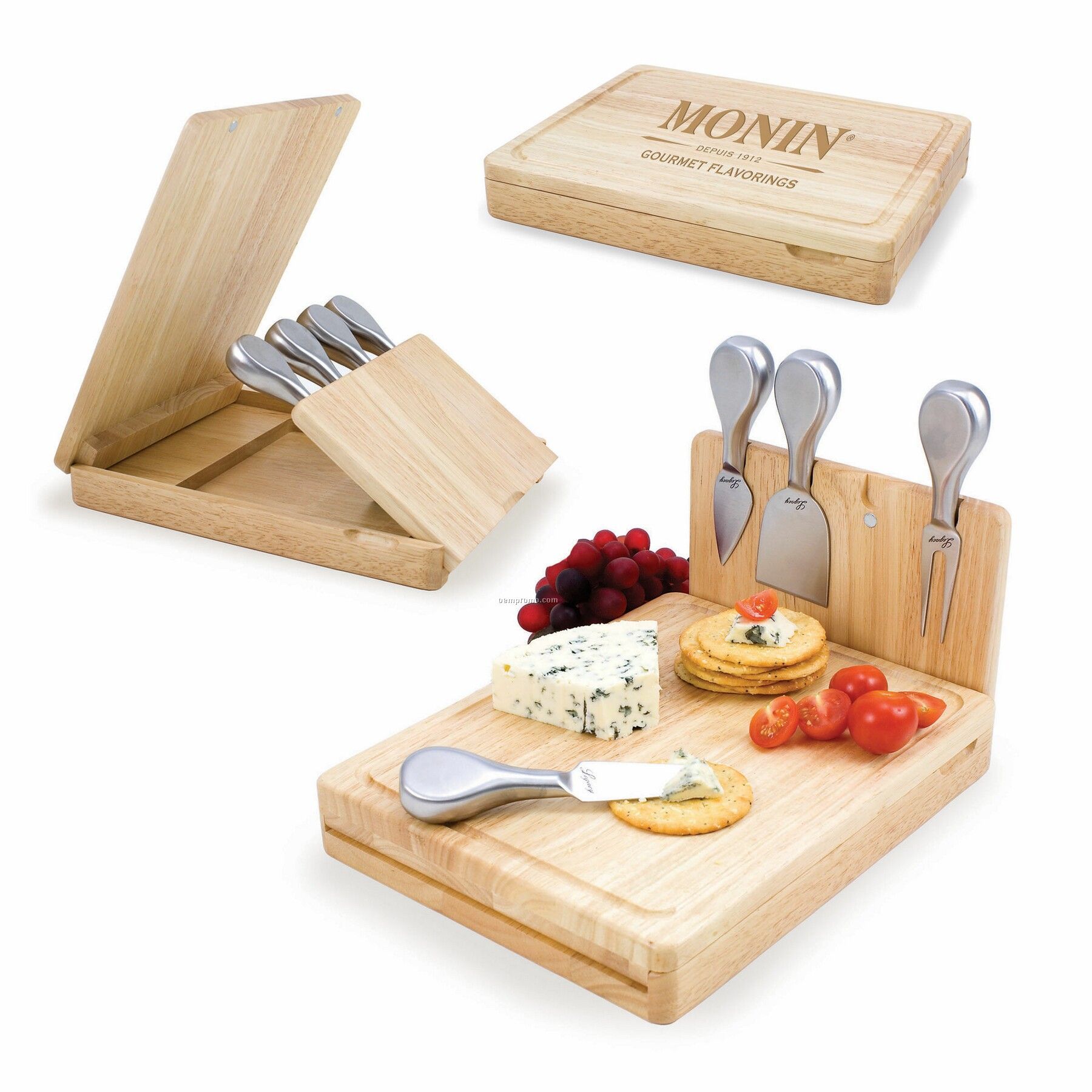 Asiago Rubber Wood Cutting Board W/ Tuck Away Panel & 4 Cheese Tools