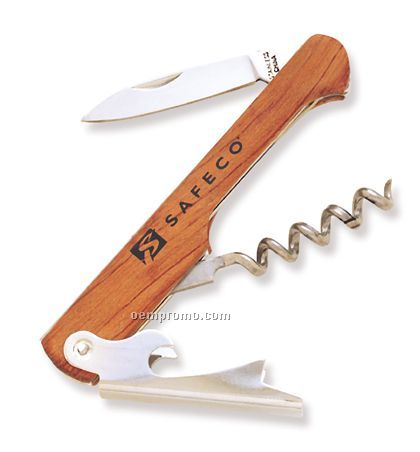 1"X4" Wooden Handle Corkscrew & Bottle Opener W/ Knife