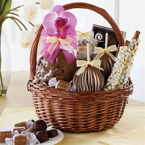 Orchid Gift Basket - Flower Ornament/ 3 Apple/ Pretzel/ Caramel