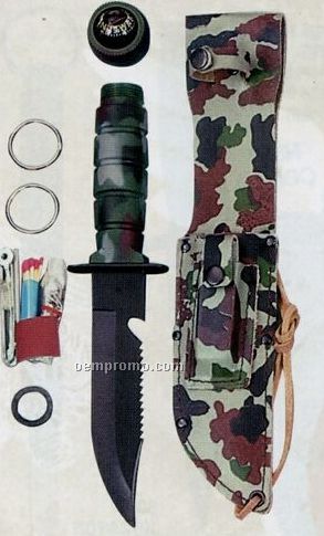 Camouflage Survival Kit Military Knife With Leather Sheath & Compass Top