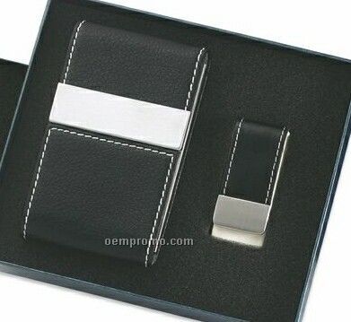 Black Leatherette/ Metal Card Case With Double Magnetic Flap & Money Clip