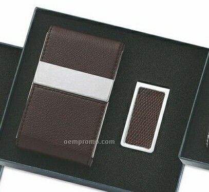 Brown Leatherette/ Metal Card Case With Double Magnetic Flap & Money Clip