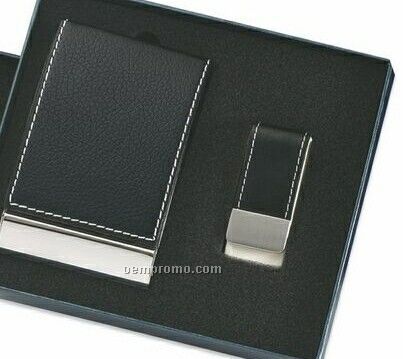 Black Leatherette & Metal Business Card Case With Money Clip