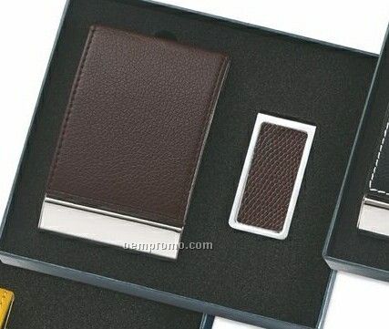 Brown Leatherette & Metal Business Card Case With Money Clip