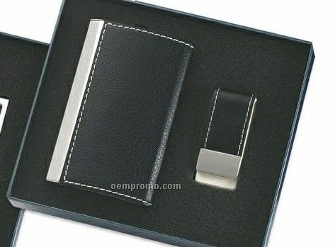 Black Rectangle Pu Leatherette Business Card Case With Money Clip