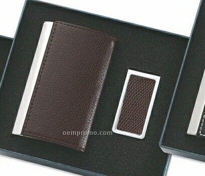 Brown Rectangle Pu Leatherette Business Card Case With Money Clip