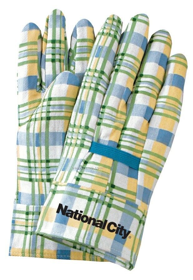 Ladies Gingham Plaid 100% Cotton Garden Gloves (Medium)