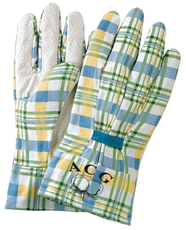 Ladies Gingham Plaid Garden Gloves W/Pvc Grip Dots On Palm (Medium)