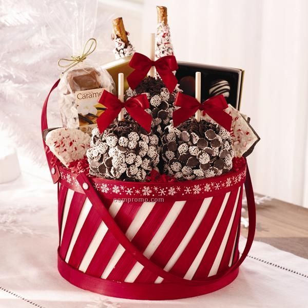 Medium Peppermint Holiday Basket - 3 Apples/ Pretzels/ Candy (10"X10"X11")