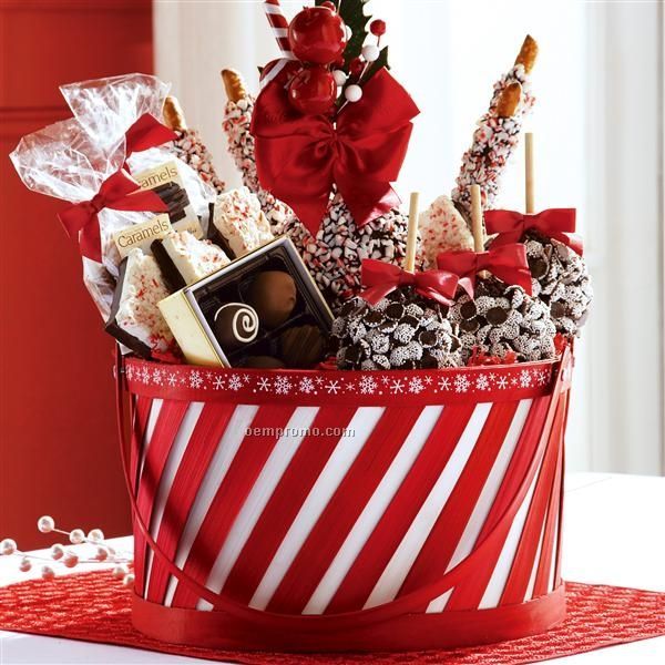 Large Peppermint Holiday Basket - 4 Apples/ Pretzels/ Candy (12"X12"X14")