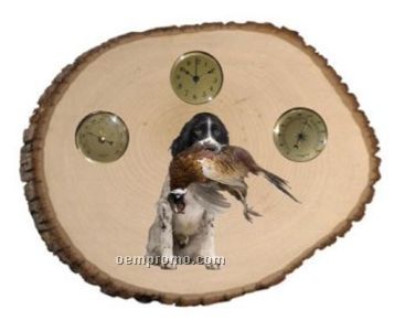 Large Wood Slice W/Weather Station & Dog W/Pheasant