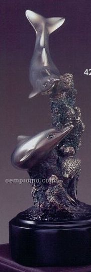 Silver Finish Two Dolphins Trophy / 1 Tail Up - Round Base (4.5