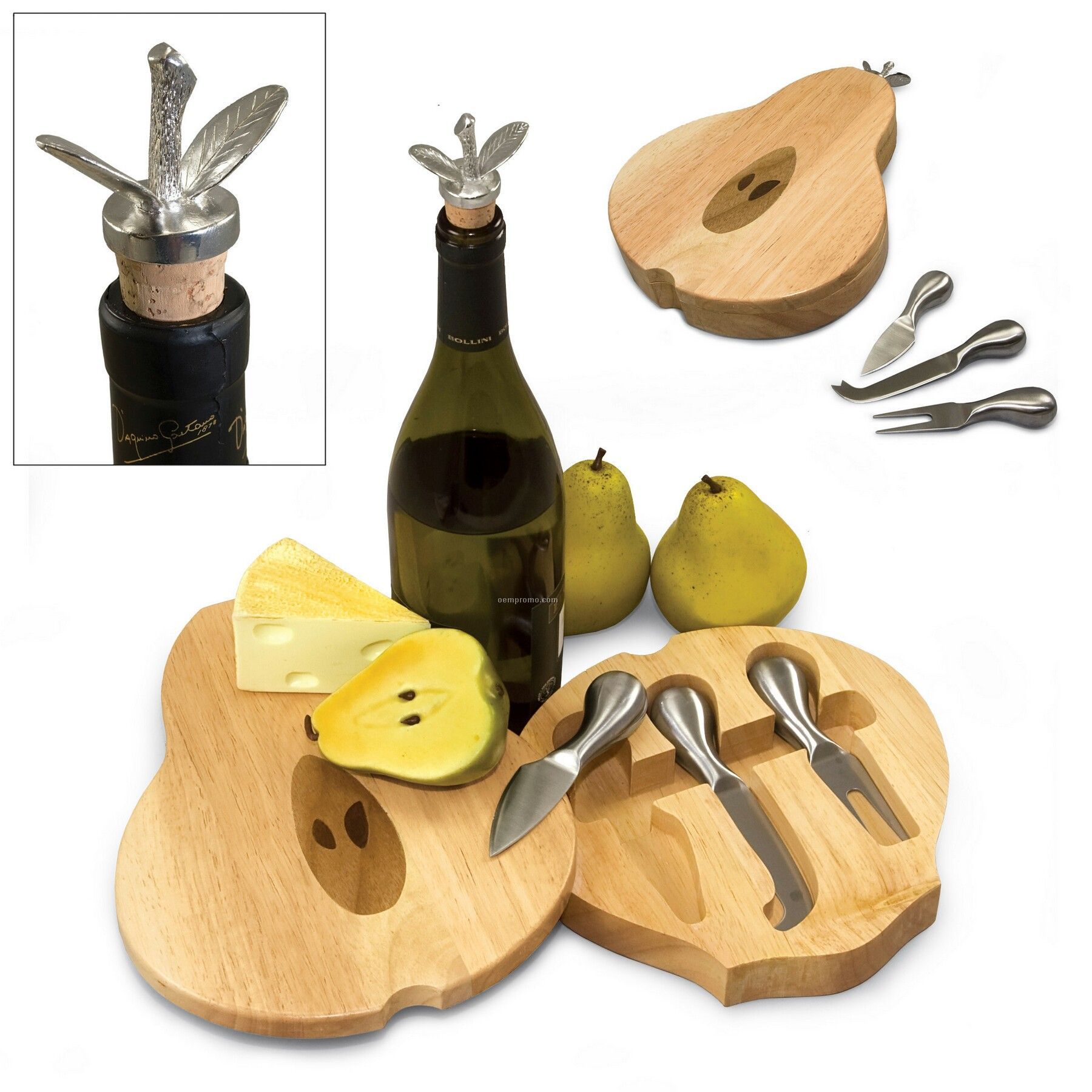 Pear Shaped Rubber Wood Cutting Board W/ Bottle Stopper & 3 Cheese Tools