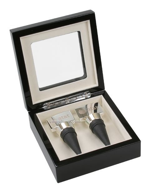 Twin Wine Stopper Gift Set In Black High Gloss Finish Box