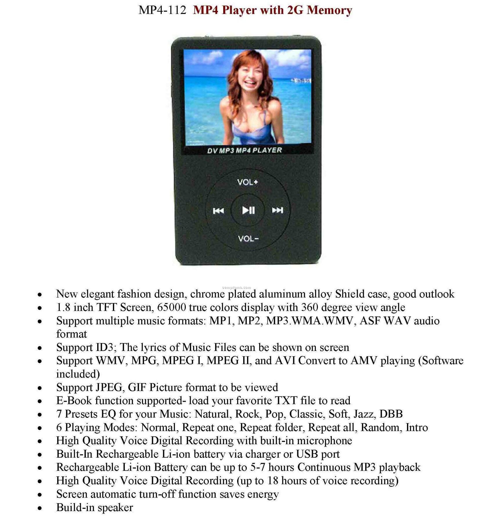 Mp4 Video Music Player With 2g Memory / Voice Recorder