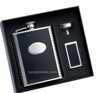 6 Oz. Bonded Leather Flask W/ Oval Front, Funnel & Money Clip