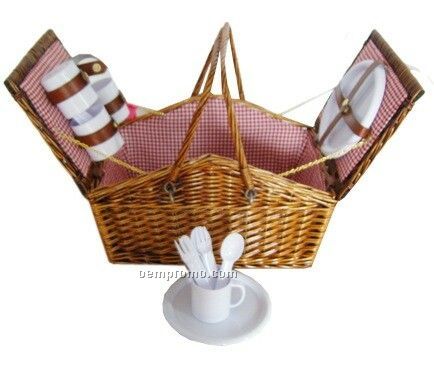 Picnic Basket W/Plates, Glasses And Silverware - Service For Two