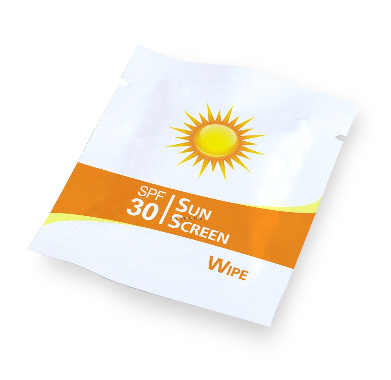 Stock Sun Screen Wipes, White Wipe In White Foil Packet
