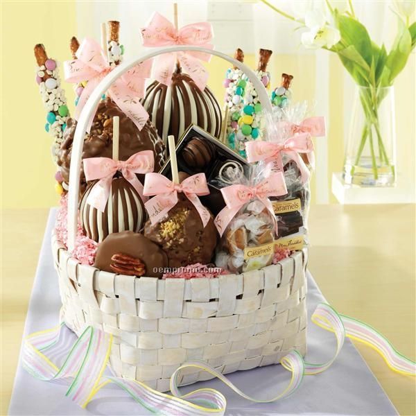 White Premium Mother's Day Basket - 4 Apples/ Caramels /Candy (12"X12"X13")