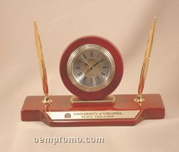 Gold & Brown Clock & Desk Set W/ Pen Holder (9"X3-3/4")
