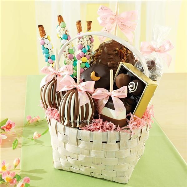 White Grand Mother's Day Basket - Apples/ Caramels / Candy (10"X10"X11")