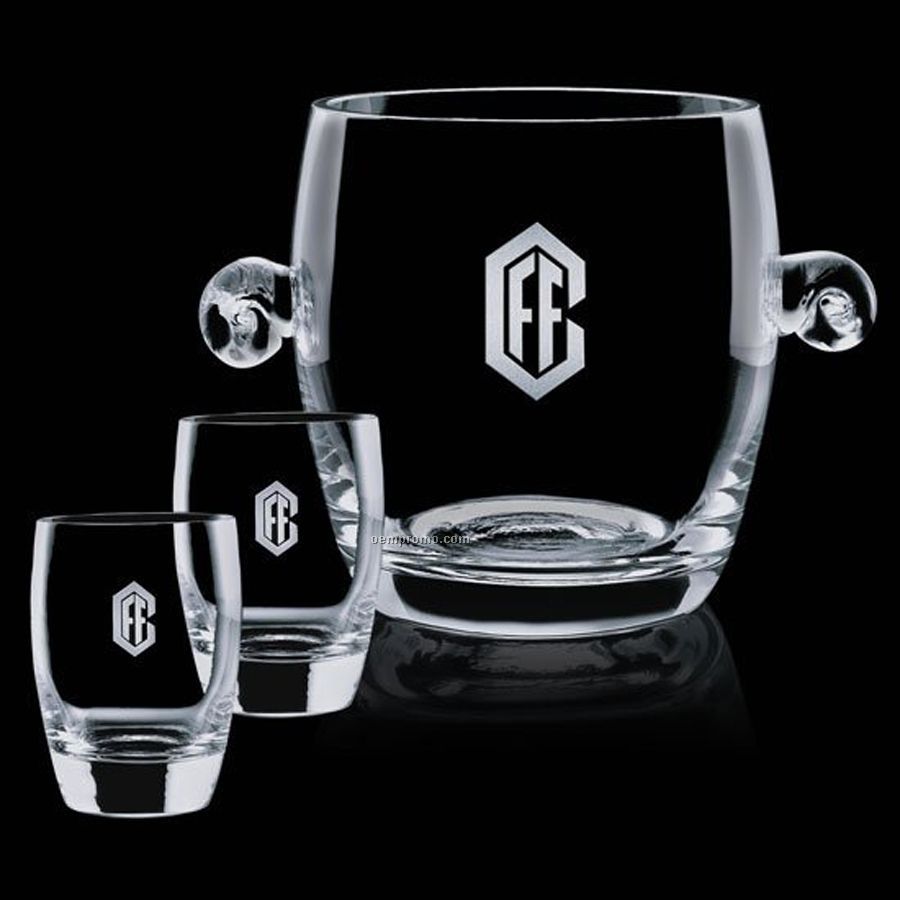 Crystal Belfast Ice Bucket With 2 On The Rocks Glasses