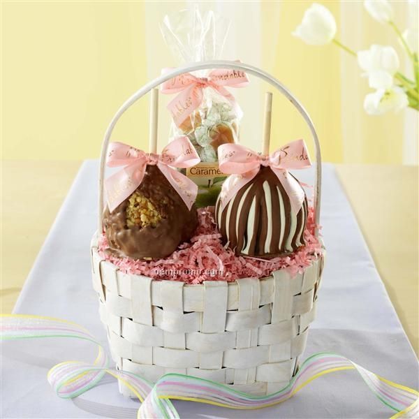 White Petite Mother's Day Basket - 2 Apples/ Apple Caramels (8"X8"X11")