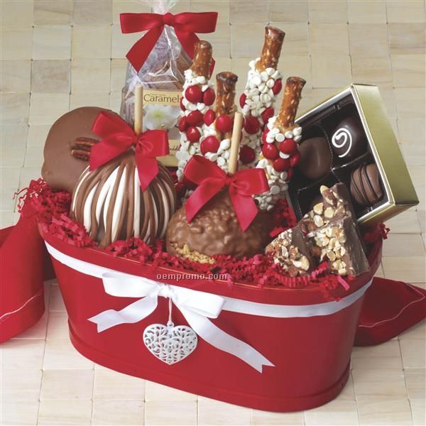 Red Heart Basket - 2 Apples/ Caramel/ Candy/ Red Bows (10.5"X5.75"X4.5")